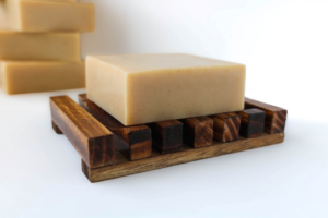 Oatmeal Honey Soap (3.6 oz) on a Wooden Soap Dish