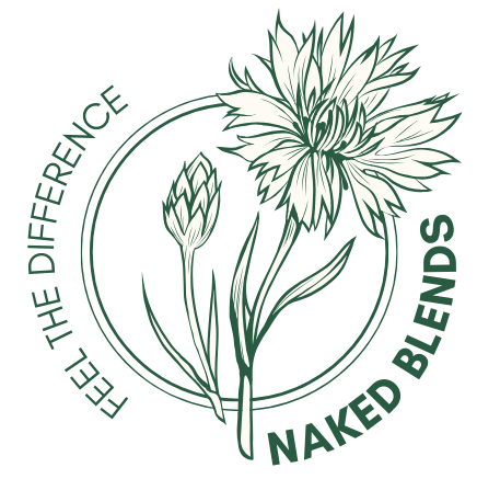 Naked Blends logo with green, tan, and white colors, featuring a wildflower and circle on a transparent background