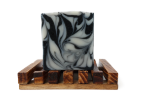 After Midnight Soap bar on a wooden soap dish.