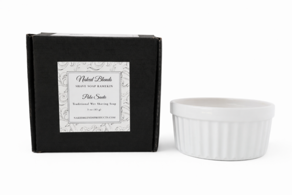Packaged shave soap ramekin with ramekin beside it.