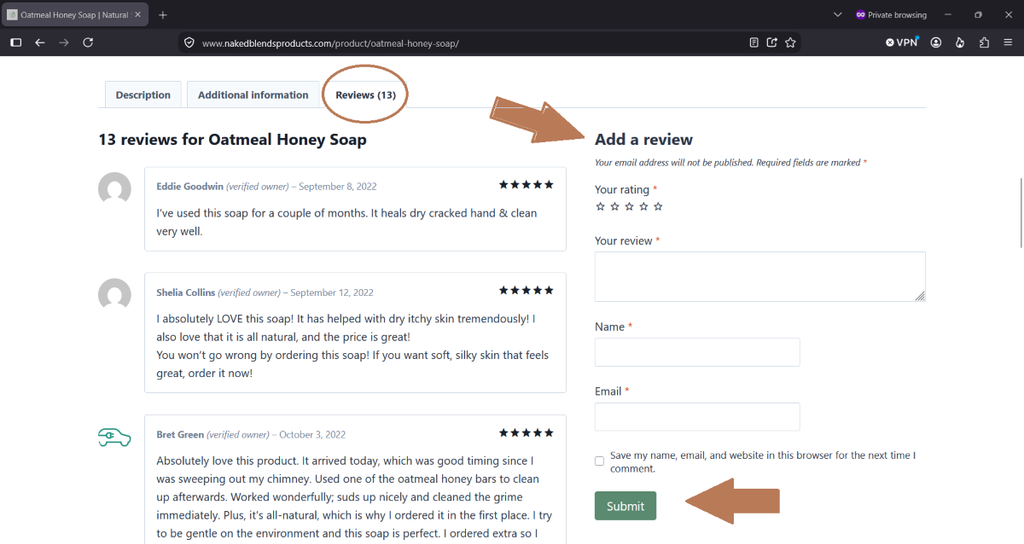 Screenshot of How to Leave a Review on a Computer How to leave a review on a Naked Blends product page on a computer showing the Reviews tab and Add a review form