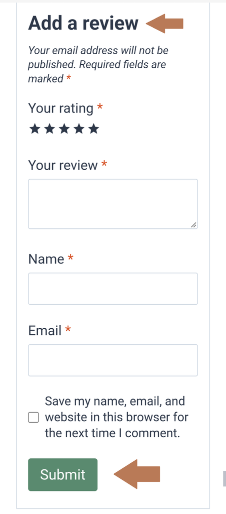 Add a review form on a Naked Blends product page on a phone for selecting a rating, writing a review, and entering your name and email